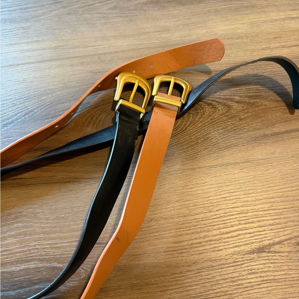 Black and Tan Leather Belts with Gold Buckles